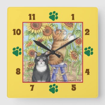 Cats With Sunflowers Square Wall Clock by bettymatsumotoschuch at Zazzle
