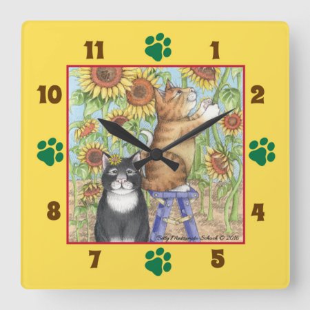 Cats With Sunflowers Square Wall Clock
