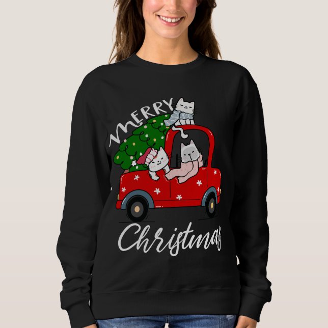 Cats xmas Tree on Red Truck Cat Christmas tree Sweatshirt (Front)