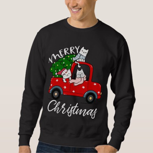 Cats xmas Tree on Red Truck Cat Christmas tree Sweatshirt