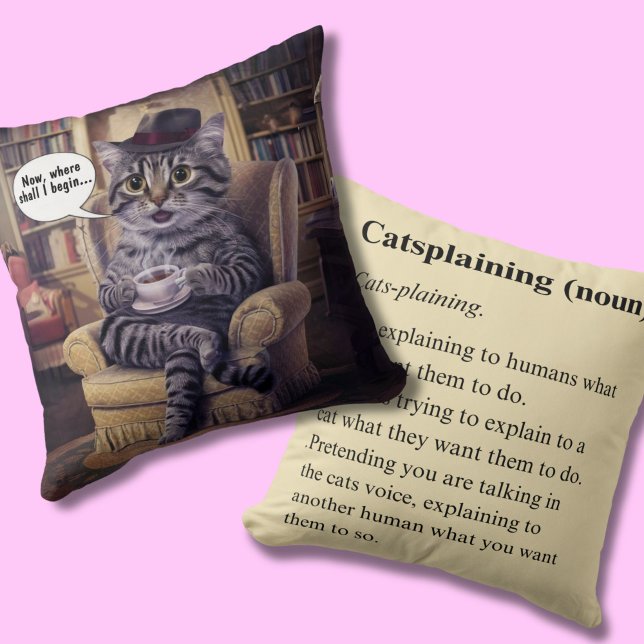 Catsplaining Funny Cat Definition Double-Sided Throw Pillow (Creator Uploaded)