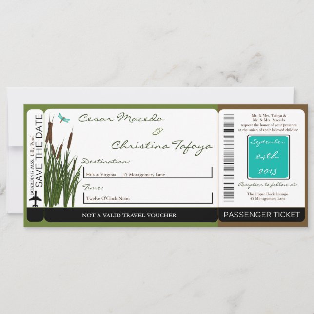 Cattail/Dragonfly Boarding Pass Wedding Invitation (Front)