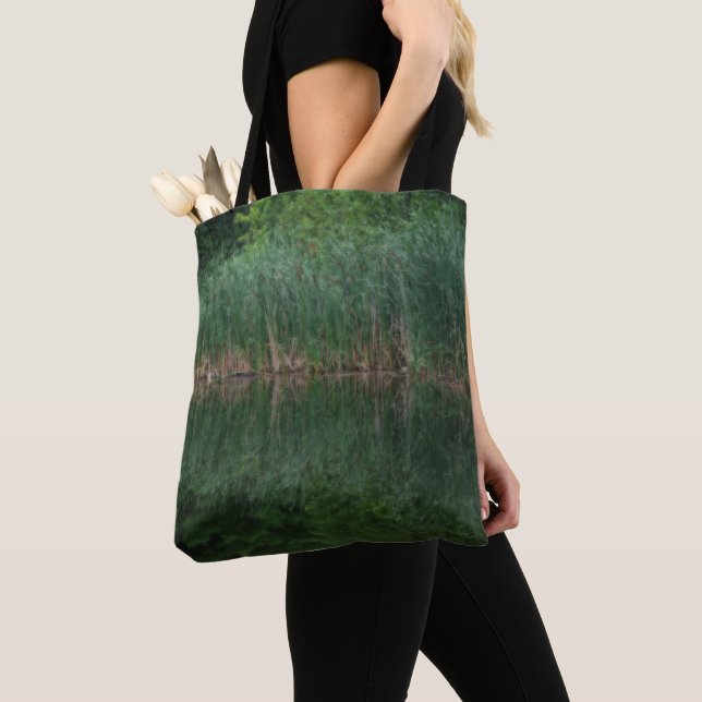 Cattail Reflections In Pond  Tote Bag (Close Up)