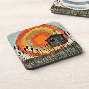 Cattail Sunset Marsh Stilt Cabin Beverage Coaster
