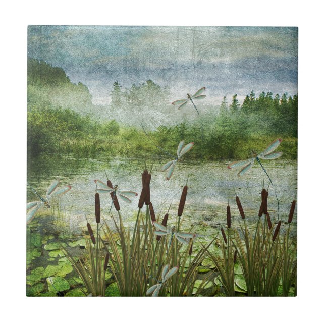 CATTAILS AND DRAGONFLIES.jpg Ceramic Tile (Front)