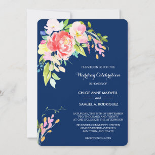 Cattails and Floral on Navy Blue Wedding Invitation