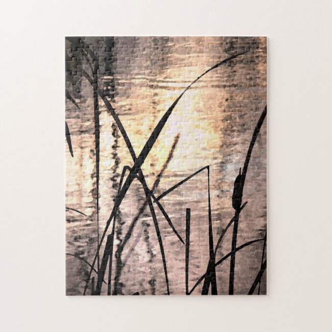 Cattails at Sunset Scenic Landscape Jigsaw Puzzle