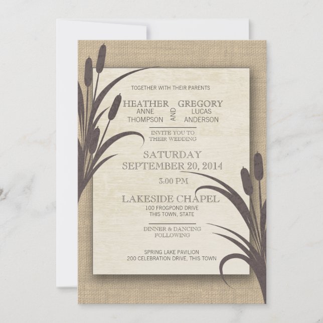 Cattails Rustic Lake Wedding Invitation (Front)