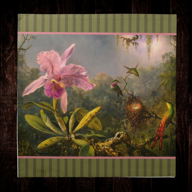 Cattelya Orchid 3 Hummingbirds Green Stripes Cloth Napkin (Creator Uploaded)