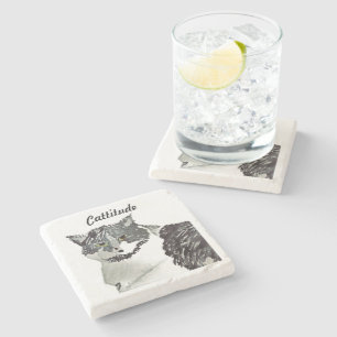 Cattitude Black & White Cat Stone Coaster