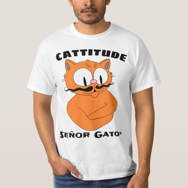 CATTITUDE Cartoon Mustache Cat T-Shirt (Front)