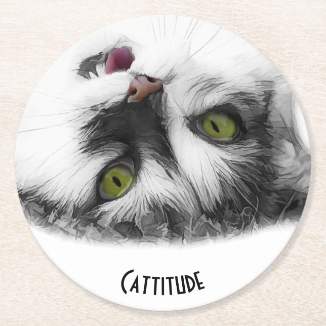 Cattitude funny cat customizable round paper coaster (Front)