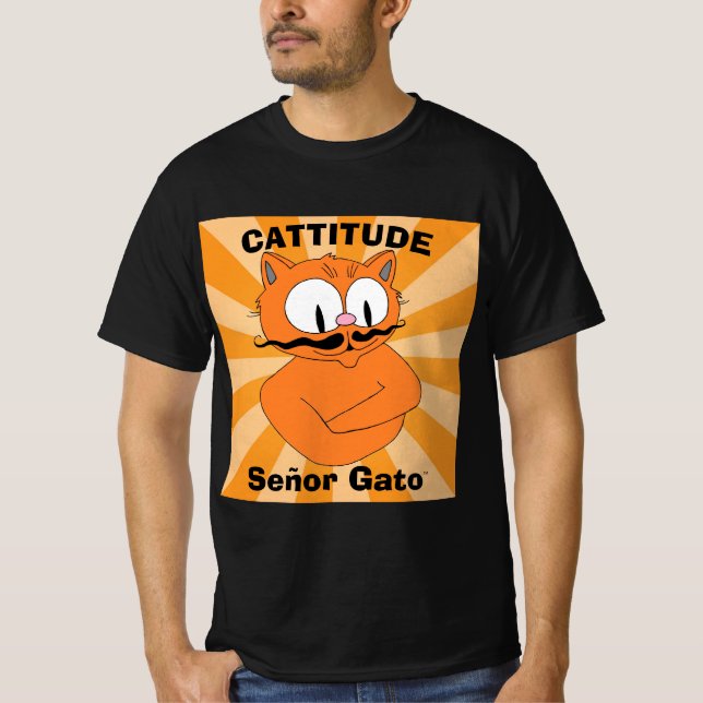 CATTITUDE Señor Gato™ Cartoon Mustache Cat T-Shirt (Front)