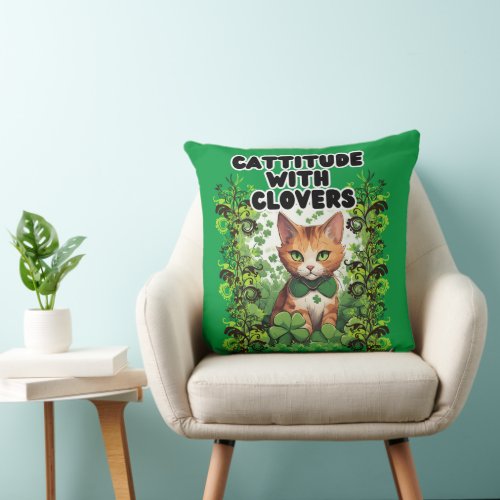  Cattitude With Clovers Throw Pillow