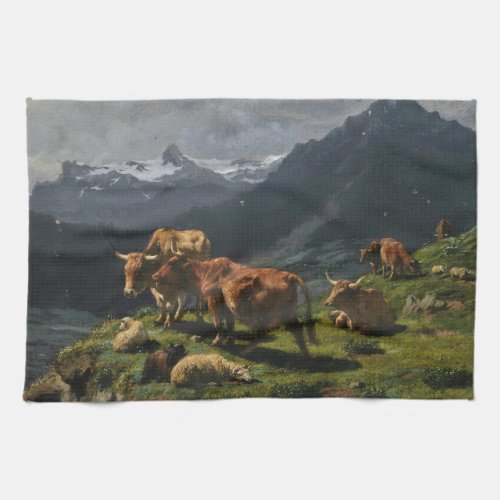 Cattle and Sheep in an Alpine Landscape Kitchen Towel