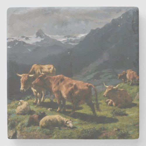 Cattle and Sheep in an Alpine Landscape Stone Coaster