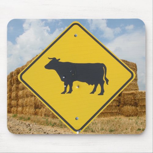 Cattle Crossing Sign Baled Hay Blue Sky Clouds Mouse Pad