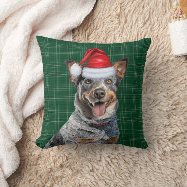 Cattle Dog Green Plaid Christmas Holiday Throw Pillow (Blanket)