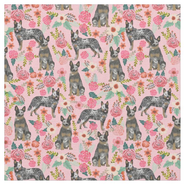 Cattle dog pink florals fabric (Close Up)