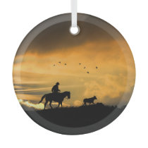 Cattle Drive Cowboy and Steer in Sunset Glass Ornament