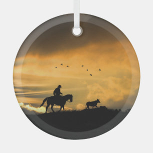 Cattle Drive Cowboy and Steer in Sunset Glass Ornament