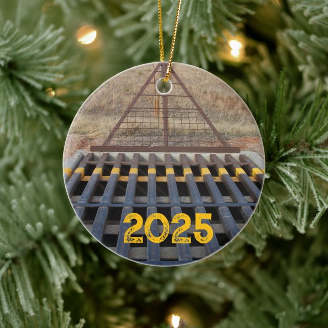 Cattle Grate Across Gravel Road. Wyoming, Western Ceramic Ornament (Tree)