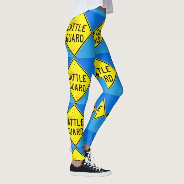 cattle guard sign yellow diamonds blue leggings (Right)