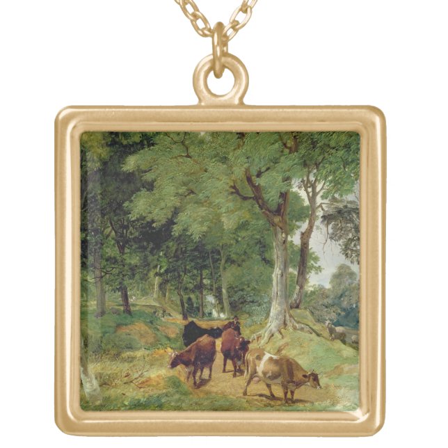Cattle on a Devonshire Lane Gold Plated Necklace (Front)