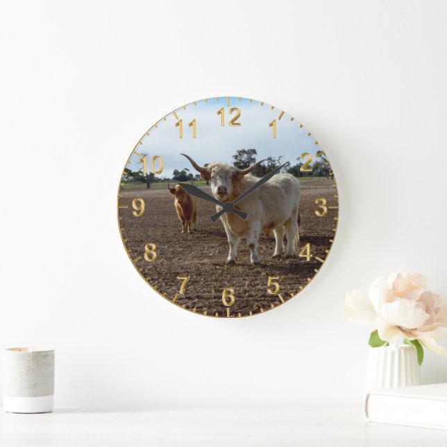 Cattle on the Loose: Highland Cows Wheat Heist Large Clock (Home)