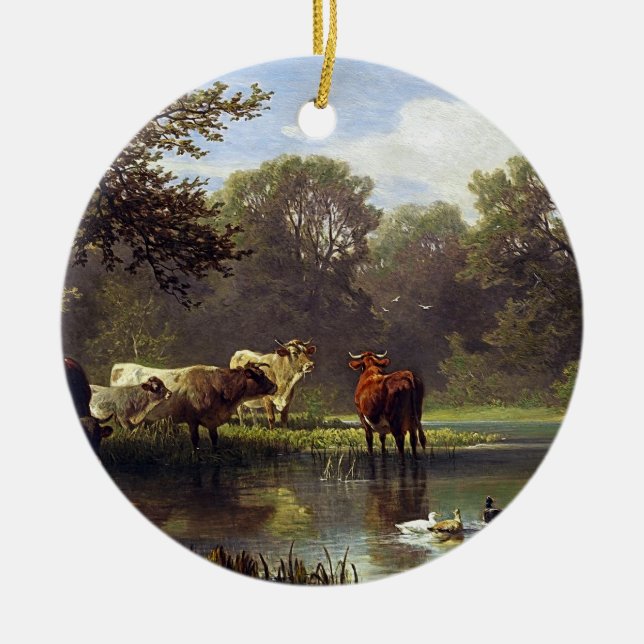 Cattle on the Pond Ceramic Ornament (Front)