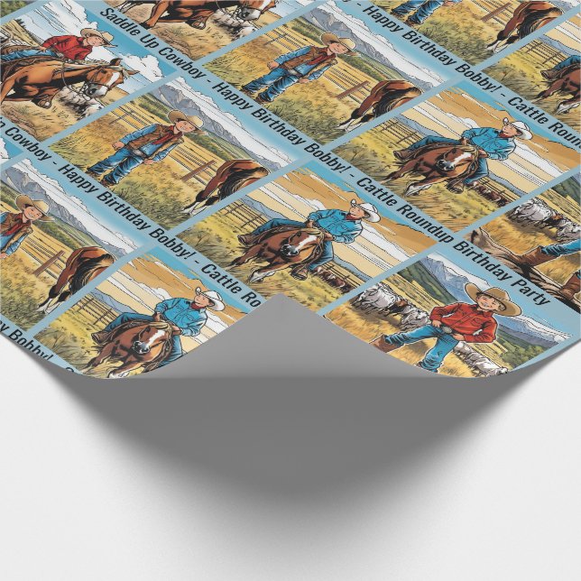 Cattle Roundup Boy's Birthday Personalize Name Wrapping Paper (Corner)