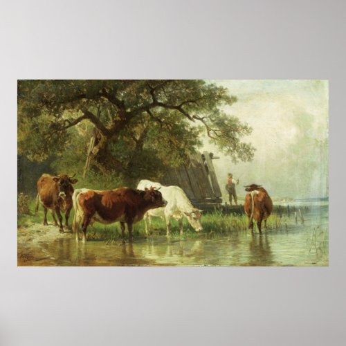 Cattle Watering in a River Landscape Poster