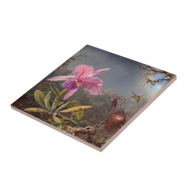 Cattleya Orchid and Three Hummingbirds by Heade Ceramic Tile (Side)