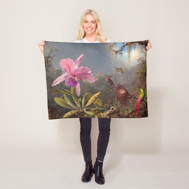 Cattleya Orchid and Three Hummingbirds by Heade Fleece Blanket (In Situ)