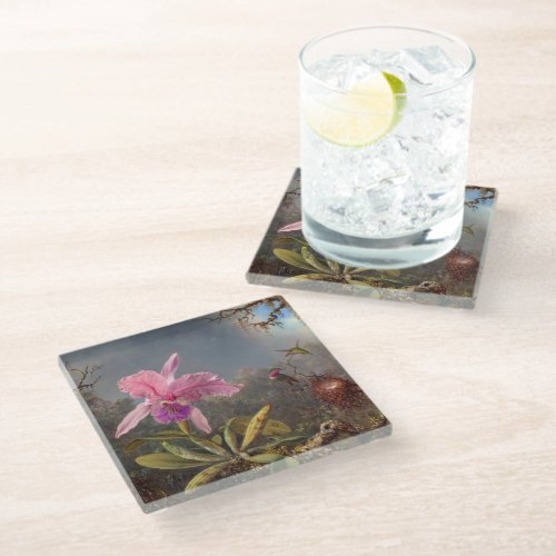Cattleya Orchid and Three Hummingbirds by Heade Glass Coaster