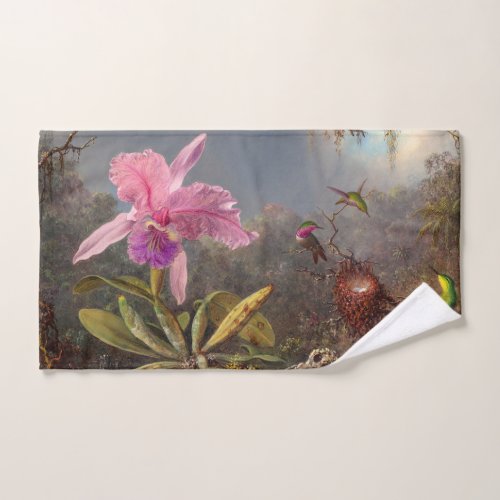 Cattleya Orchid and Three Hummingbirds by Heade Hand Towel