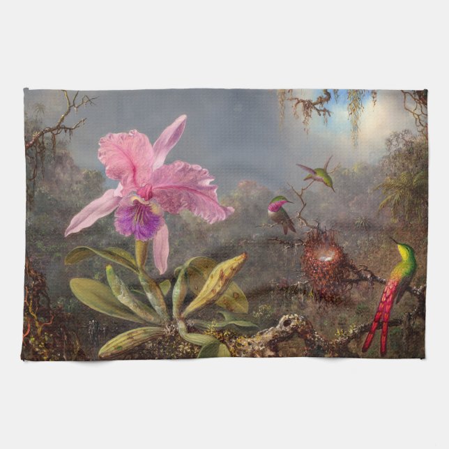 Cattleya Orchid and Three Hummingbirds by Heade Kitchen Towel (Horizontal)