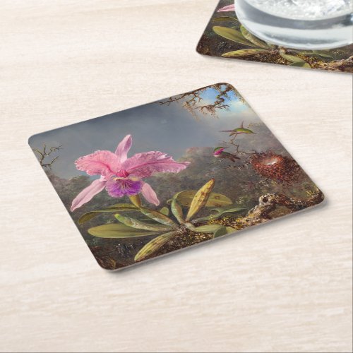 Cattleya Orchid and Three Hummingbirds by Heade Square Paper Coaster