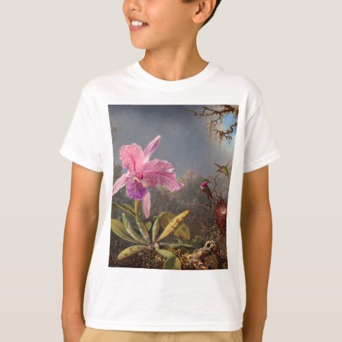 Cattleya Orchid and Three Hummingbirds by Heade T_Shirt