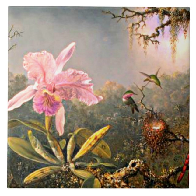 Cattleya Orchid and Three Hummingbirds Ceramic Tile (Front)