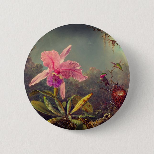 Cattleya Orchid and Three Hummingbirds Heade Button (Front)
