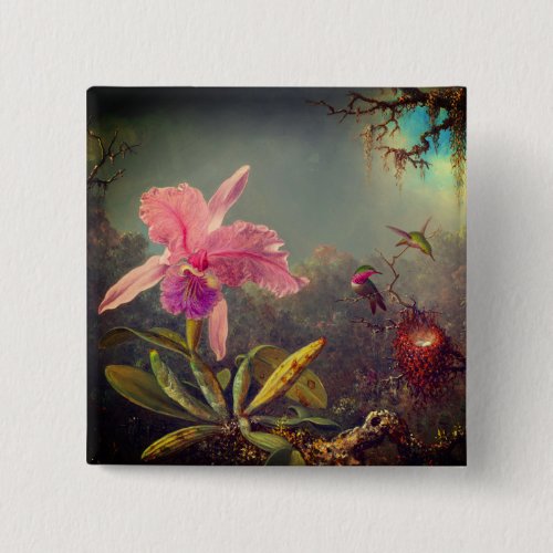 Cattleya Orchid and Three Hummingbirds Heade Button