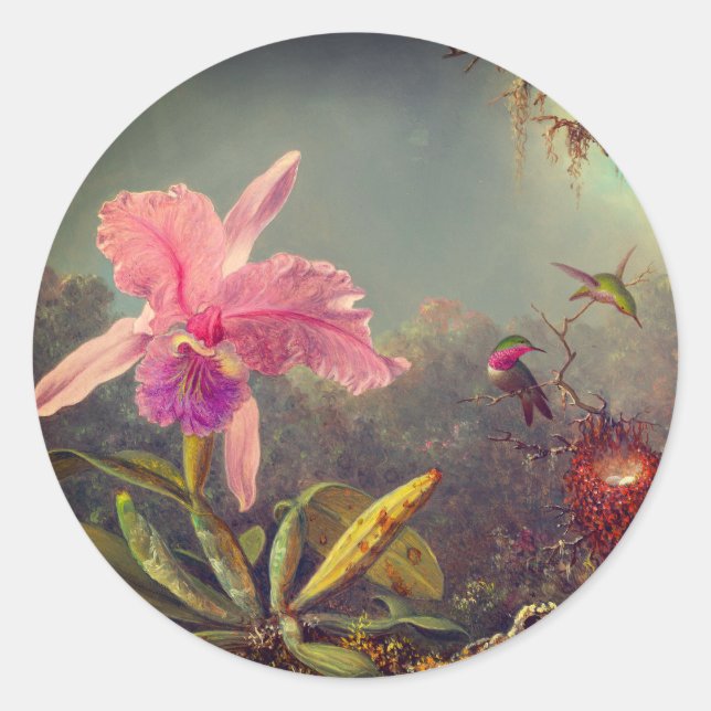 Cattleya Orchid and Three Hummingbirds Heade Classic Round Sticker (Front)