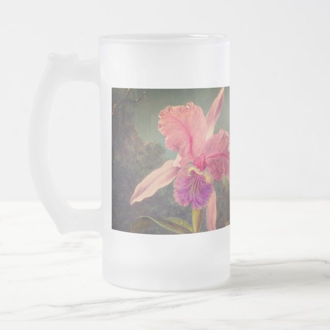 Cattleya Orchid and Three Hummingbirds Heade Frosted Glass Beer Mug (Left)