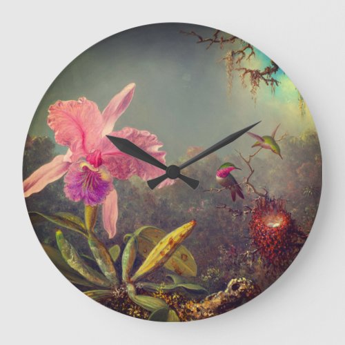 Cattleya Orchid and Three Hummingbirds Heade Large Clock
