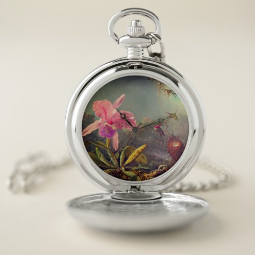 Cattleya Orchid and Three Hummingbirds Heade Pocket Watch