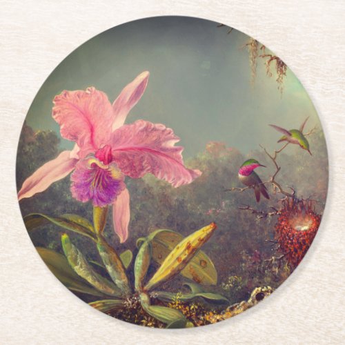 Cattleya Orchid and Three Hummingbirds Heade Round Paper Coaster