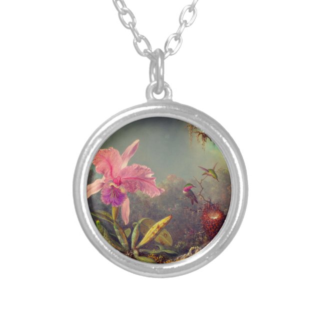 Cattleya Orchid and Three Hummingbirds Heade Silver Plated Necklace (Front)