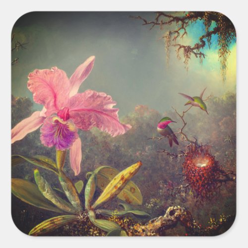 Cattleya Orchid and Three Hummingbirds Heade Square Sticker