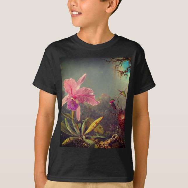 Cattleya Orchid and Three Hummingbirds Heade T-Shirt (Front)